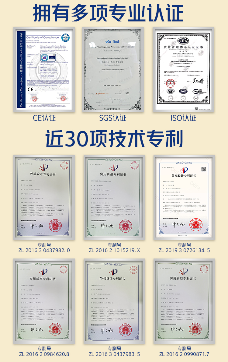 西朗門業快速門廠家多項認證